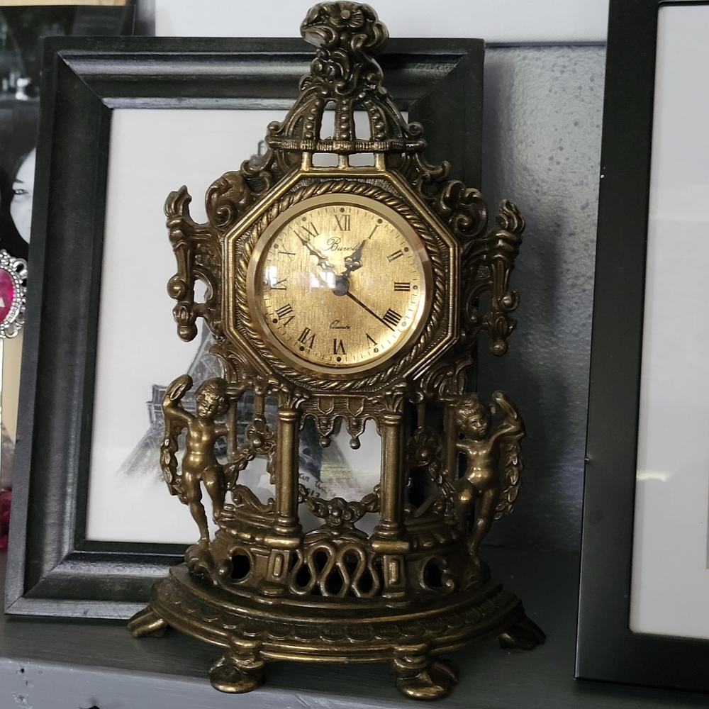 Vintage Italian Buvoli Cherubs Bronze Metal Mantle Clock Works! Made in Italy